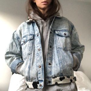 Vintage Acid Wash Denim Jacket with Cow details